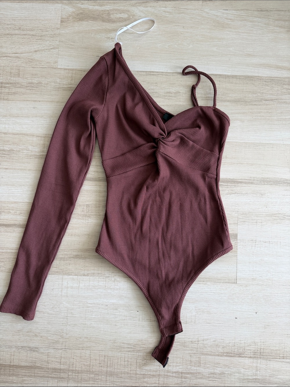 Lulu's Mauve Ribbed One-Shoulder Twist Bodysuit